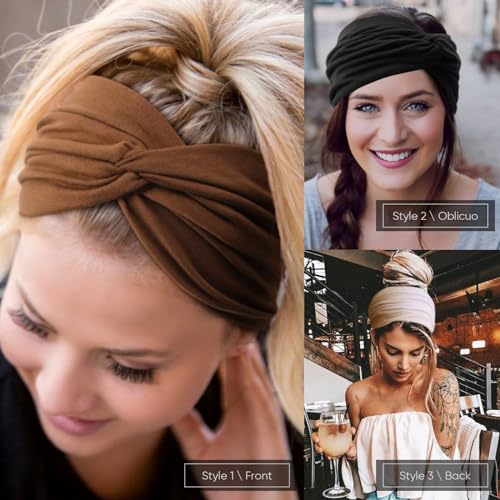 AQOKKA Extra Wide Headbands for Women Large Turban Headband Non Slip Boho Elastic Hairband Hair Twisted Knot Head Bands Accessories - color: 4 Pcs: Coffee, Beige, Blue, Coffee