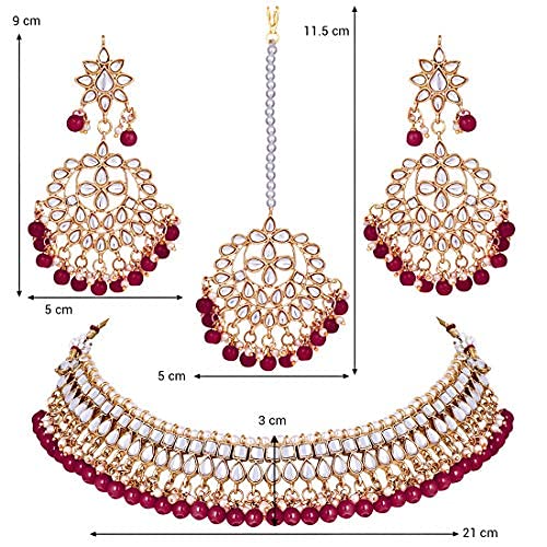 Aheli Faux Kundan Beaded Necklace Earrings Maang Tikka Indian Bollywood Ethnic Jewelry Set Gift for Women - color: Maroon