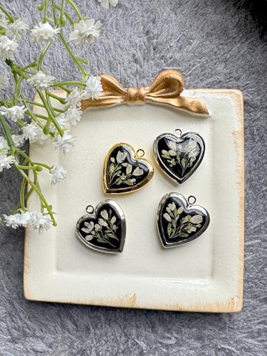 Handmade Dried Pressed Flower Heart Shaped Photo Locket Pendant Necklace - color: Gold, style: White Flower on Black