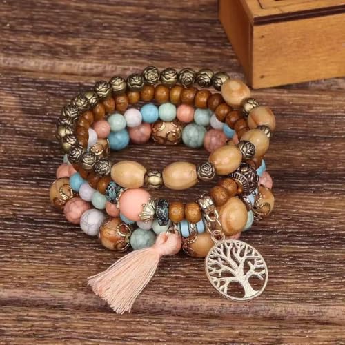 Nyx&lvy Pink Crystal Beaded Stretch Bracelet Set with Gold Heart Charm, Multi-Strand Fashion Jewelry for Women - style: pink