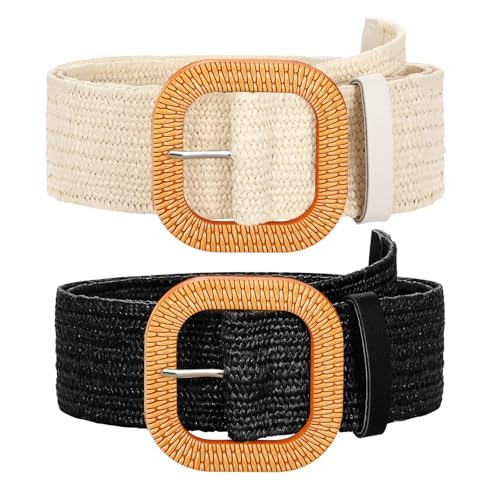 SUOSDEY 2 Pack Straw Woven Elastic Belt Braided Stretch Wide Boho Rattan Waist Belt for Women Dresses - color: 07-black+beige, size: Fit Waist up to 35''