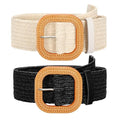 SUOSDEY 2 Pack Straw Woven Elastic Belt Braided Stretch Wide Boho Rattan Waist Belt for Women Dresses - color: 07-black+beige, size: Fit Waist up to 35''