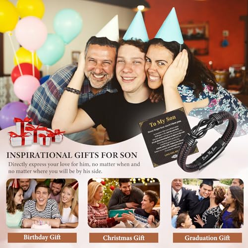 MEALGUET Men's Bracelets Gifts for Men - Brown Braided Leather Infinity Knot Bracelets Engraved Love Massage for Son Man Husband Boyfriend, Mens Bracelet Jewelry Gift for Birthday Valentine's - style: to my son