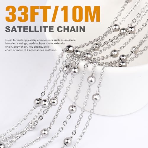 33 Feet Stainless Steel Satellite Bead Chains Roll, 2mm 304 Stainless Steel Ball Beaded Cable Link Chains Spool Bulk for Jewelry Making DIY Craft - color: Stainless Steel Big Beads Satellite Cable Chain