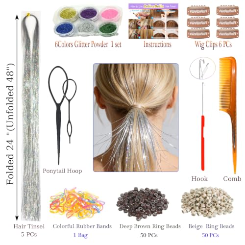 Celinebella Silver Hair Tinsel, 48" 1250 Strands Classic Metallic Shimmer | Timeless silver metallic tone, universally flattering, heat resistant, great for daily wear festivals casual & formal looks - color: 17-Iridescent Silver, size: 48 Inch Pack of 5P