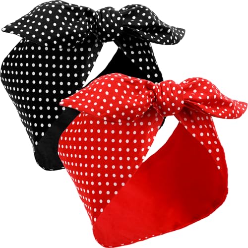 Hicarer 2 Pieces Polka Dot Headband Bandana Headband 50s Costume Hair Accessories Bows Wide Head Wrap for Women(Red, Black,Small Dots) - color: Red, Black, style: Small Dots
