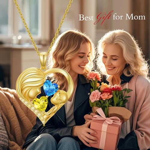 Mothers Day Gifts 14K Yellow Gold Mother Daughter Heart Pendant Necklace with 12 Months Birthstone Birthday Gifts for Mom Anniversarry Jewelry for Mom Wife Girlfriend - color: 11-12-Nov-Dec Birthstone