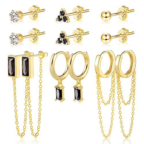 BOUTIQUELOVIN 14K Gold Stud Earrings Set for Women, for Multiple Piercing Silver Plated Studs Earrings and Zirconia Earring Set Small Huggie Hoop Chain Earing - color: 6Pairs Black