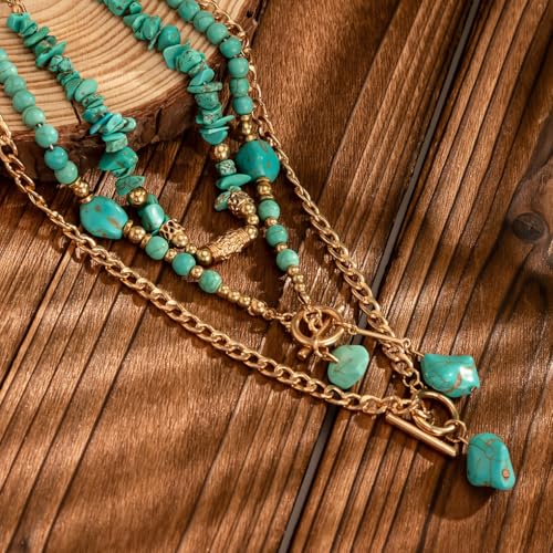 GIGB PBDK Boho Western Necklaces for Women,Turquoise Beaded Layered Necklaces Vintage Cow Cactus Pendant Choker Necklace Set,Cowgirl Jewelry Accessories Gifts - style: B1