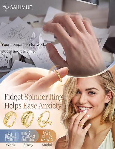 sailimue Anxiety Ring Fidget Ring for Women Men Spinner Fidget Rings for Anti Anxiety Adjustable Open CZ Flower Bead Stress Relieving Spinning Rotatable Rings 9 Pcs - color: Gold