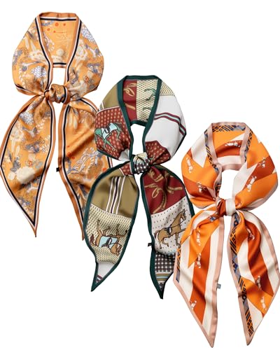 Raylarnia 3 Pack Satin Purse Bag Scarf for Women 59”Long Silky Scarves for Neck,Hair,Head,Handbag,Fashion Gift Set - color: Orange Khaki