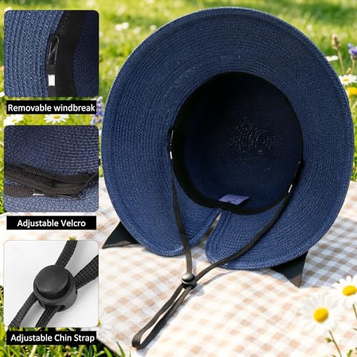 DRESHOW Sun Hats for Women Travel Fedora Foldable Beach Sun Hat Summer Wide Brim Straw Bucket Hat with Bowknot UPF 50+ - color: 1 Pack With Bowknot: Navy With Black Band