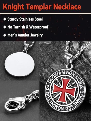 FaithHeart Knights Templar Necklace for Men, Christian Necklace for Men Stainless Steel Pendant Neckalces Christian Gifts with Gift Box - color: 01. Medal-Silver