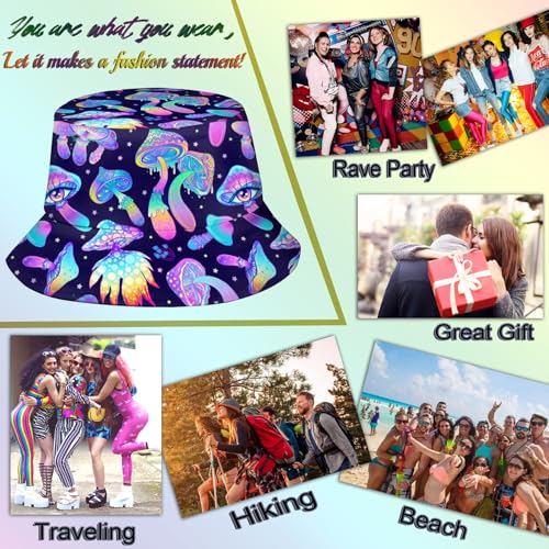 NASIAN Psychedelic Trippy Rave Bucket Hats for Women Men Outdoor Travel Beach Sun Hat Festival Outfits - color: Mushroom