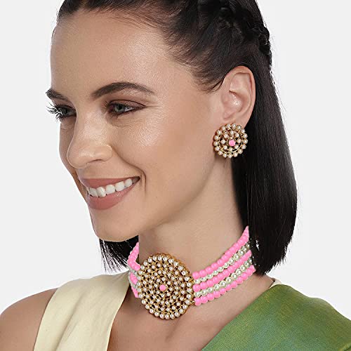 Aheli Pearl Diamond Choker Necklace & Round Earrings Gift for Women Indian Traditional Bollywood Fashion Bharatanatyam jewellery set - color: Pink & White