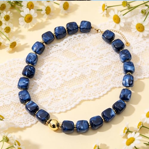 Chunky Beaded Necklace for Women Boho Colorful Statement Choker Necklaces Summer Beach Resin Jewelry Accessories - color: Navy Blue