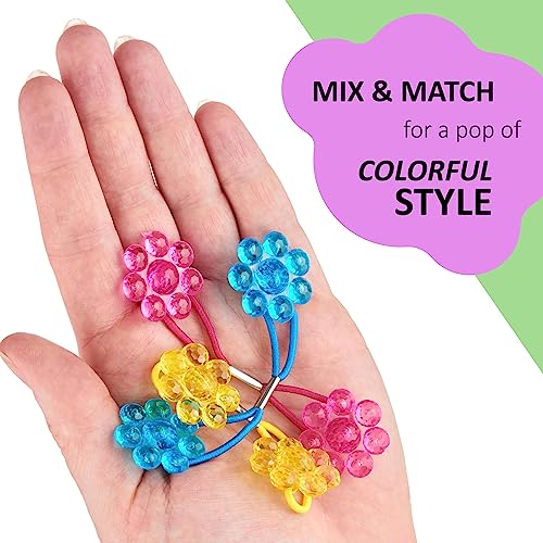 24pc Flower-Shaped Bright Multicolored Twin Bead Ponytail Ball Elastics | Value Pack. Fun Colorful Hair Ties & Bobble Holders for Girls, Kids & Toddlers. No-Slip Hold - Cute - color: Flower Twin