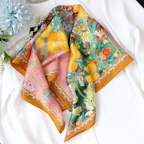 JERLA 100% Pure Mulberry Silk Square Scarf for Hair-27''x27'' Women Men Natural Silk Neckerchief Headscarf - color: Oil Painting Garden
