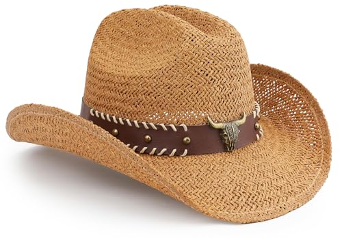 Straw Cowboy Hat, Western Cowgirl Hat, Wide Brim Sun Beach Hat for Men and Women - color: Khaki-m22