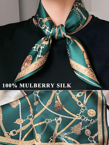 100% Mulberry Silk Scarf for Women Hair Lightweight Square Neckerchief Wrap For Head Scarves 21" - color: 22-green Belt /21"*21"