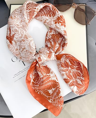 MINIDORA Satin Scarves for Women 27.5 × 27.5 inches Medium Square Elegant Silk Feeling Head Scarf - color: A0081-orange