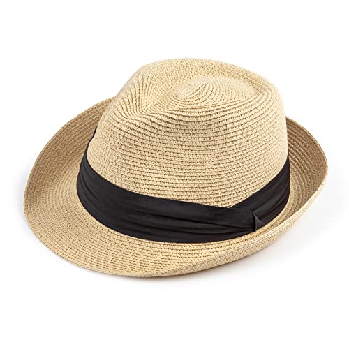 DRESHOW Women Straw Sun Hat Short Brim Panama Travel Fedora Summer Hat Roll Up Beach Cap for Women UPF 50+ - color: Beige Fa