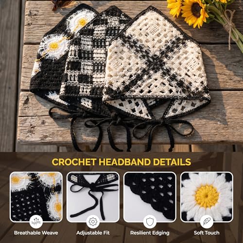 3 Pcs Daisy Crochet Bandana, Cute Bandanas for Women, Flowers Crochet Head Scarf, Floral Head Scarf for Women's hair Styling Decor (Black, White) - color: Black, White-Style2
