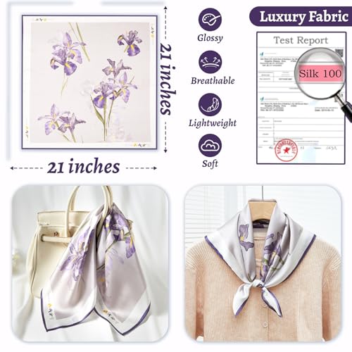 100% Mulberry Silk Neck Scarf 21''x21'' Small Square Hair Scarf for Women Men Lightweight Bandana Envelope Package - color: Floral- Purple