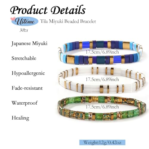 Tila Flat Square Stack Beaded Bracelets Set for Women Men, Boho 3Pcs Romantic Handmade Healing Gold Colorful Stretch Accessories Jewelry, Daily Vacation Party Holiday Friendship Gift - color: Blue white Green
