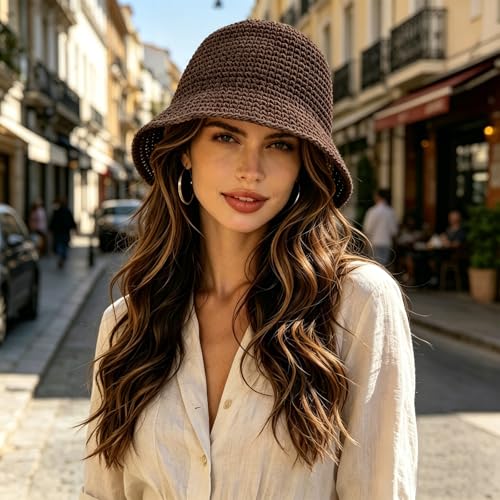 Straw Bucket Hat for Women Foldable Summer Beach Sun Hats Wide Brim Crochet Floppy Hat for Vacation Travel Shade & Style - color: Coffee-a
