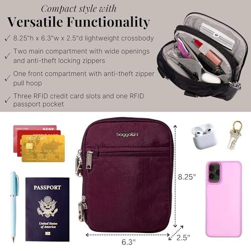 Baggallini Securtex® Anti-theft Mini Everything Crossbody Bag, 6.3"x8.25" Rfid, Locking Zippers & Cut-resistant Strap - color: Mulberry