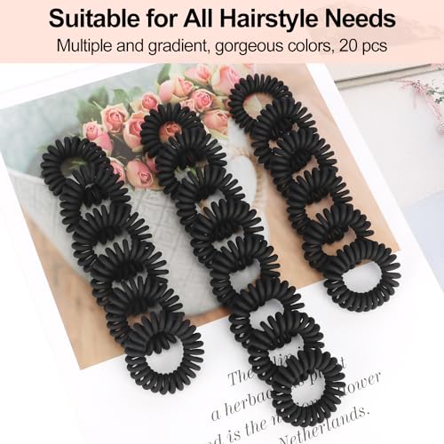 JessLab Spiral Hair Ties, 20 Pcs Traceless Phone Cord Hair Ties No Crease Spiral Bracelet Plastic Coil Ponytail Holders No-Damage Headband Hair Accessory for Girls Women Ladies Gift, Black Matte - color: Black Matte