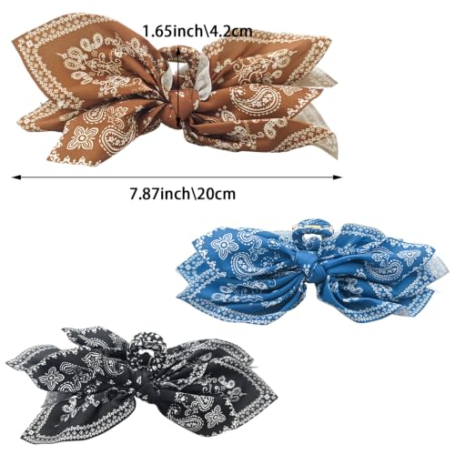 3 Pack Extra Large Boho Paisley Bandana Bow Knot Claw Clips Non Slip Hair Claws for Thick Hair Fashion Hair Accessories Gift for Women Teen Girls - color: Blue + Brown + Black