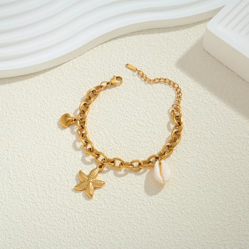 Gold Charm Bracelet for Women Boho Adjustable Shell Starfish Bracelet Summer Beach Ocean Statement Bracelets - color: Shell starfish bracelet