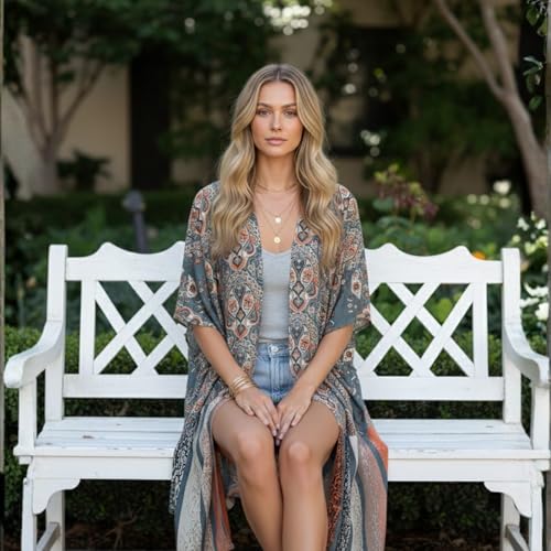 Kimonos for Women Casual Swimsuit Coverup Lightweight Boho Kimono Cardigans for Summer - color: Rz-misty Blue