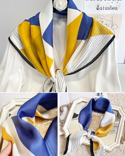 Saiusloa Neck Scarf For Womens Silky Head Scarves Hair Bandanas Square Scarf Fashion Accessories lightweight - color: 28-blue-yellow Geometry