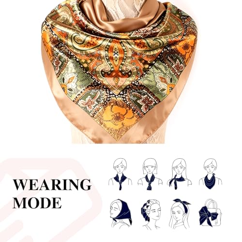 35 x 35 Women's Fashion Pattern Large Square Silk Like Hair Scarf Head Sleeping Wrap Satin Neck Bandana for Gift… - color: Big Cashew Camel