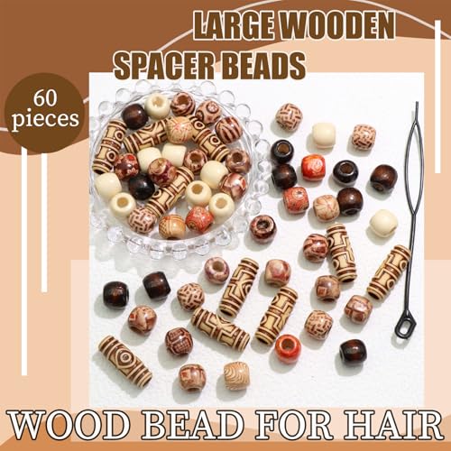 NAISKA 60PCS Vintage Round Natural Wood Hair Beads for Braids Loc Dreadlock Jewelry Beads for Hair Wooden Multi Shape Beads for Necklace Bracelet Hair DIY Craft Handmade Decor