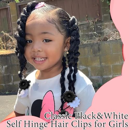 60PCS Black&White Braids Beads Cute Pony Beads for Hair Dreadlock Flower Self Hinge Hair Barrettes Loc Jewelry Accessories Plastic Hair Pins for Kids Girls - color: Black&White
