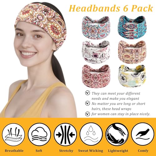 6 Pack Boho Style Women's Headbands, Non slip Fashion Wide Elastic hairband, Daily Sports Yoga Workout Women's Hair Bands,Floral Print-Romantic - color: Type 8