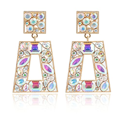 Rhinestone Rectangle Statement Earrings Colorful Crystal Geometric Drop Dangle Earrings for Women Prom Party - color: ab