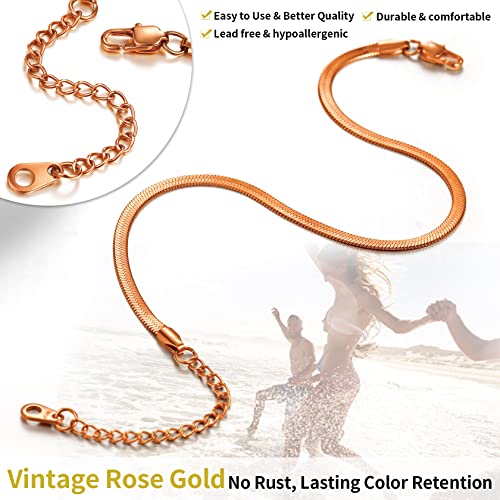 ChainsHouse Ankle Bracelets for Women, Stainless Steel Chain Anklets Waterproof, Women Summer Beach Jewelry Gift, Come with Box - color: 09. 3mm-Herringbone-Rose Gold