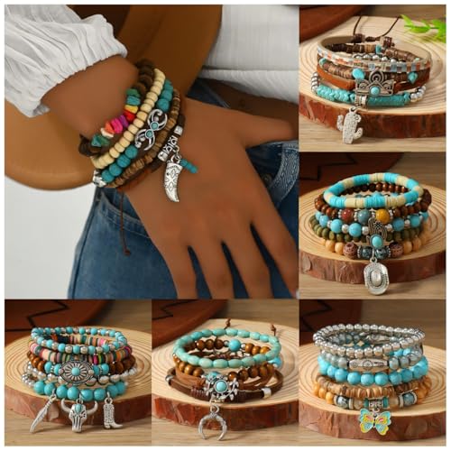 Western Turquoise Beaded Bracelet Stack - Vintage Cowgirl Stretch Set with Bull Skull, Feather & Boot Charms, Handmade Boho Jewelry for Rodeo, Country Concerts & Casual Western Outfits - style: 5