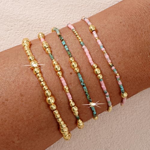 14K Gold Beaded Ball Stackable Bracelets for Women,Bohemian Stretch Colorful Seed Beads Bracelet Stack Fashion Holiday Jewelry Gift Friendship - color: Turquoise