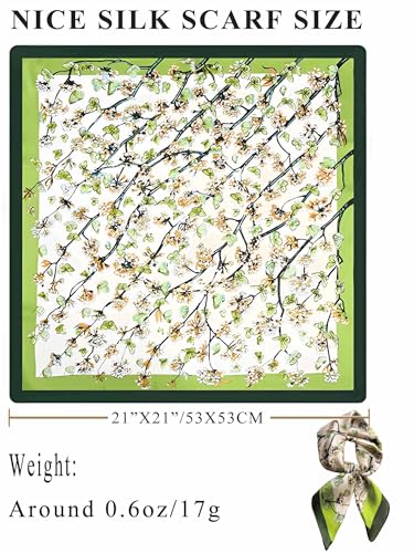 100% Mulberry Silk Scarf for Women Hair Lightweight Square Neckerchief Wrap For Head Scarves 21" - color: 13-green Floret /21"*21"