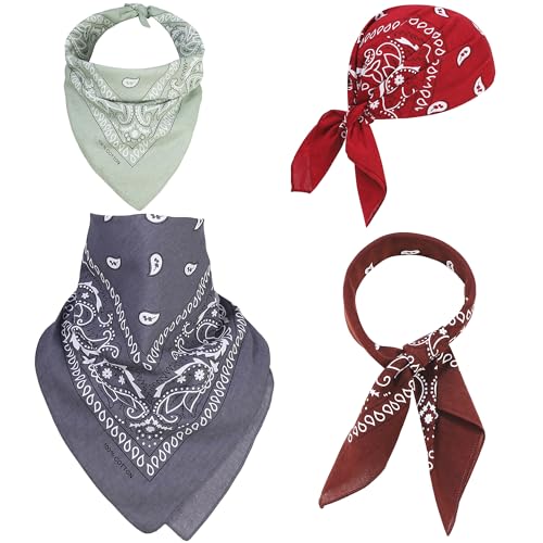 Mochabao 100% Cotton 27" x 27" Large Bandanas for Men & Women, Multi-Purpose Bandana Headbands, Square Head Scarf - color: Red/Gray/Brown/Sage Green