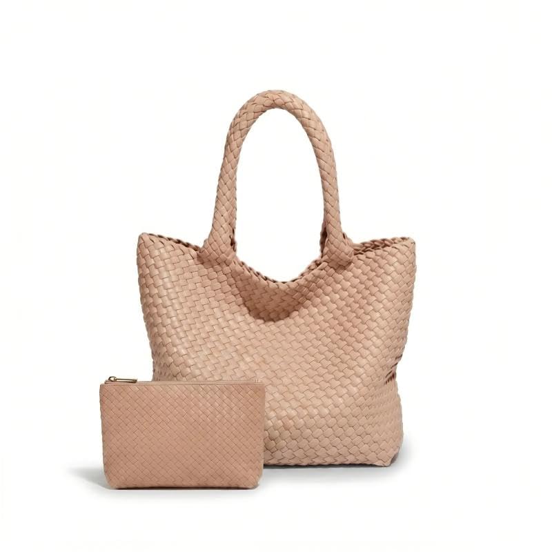 Woven Tote Bag for women,Vegan Leather Woven Satchel Handbag,Shoulder bag with Pouch,Hobo bag fits13-14” laptops - color: Apricot