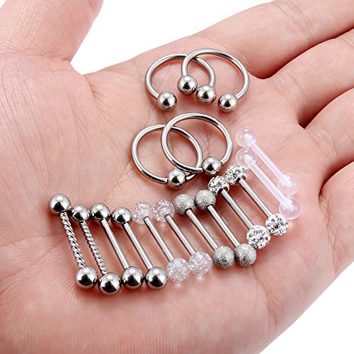 16Pcs Nipple Piercing Jewelry 14G Surgical Steel Nipple Rings Hoop Rings Retainer Piercing Jewelry for Women Men 14MM (9/16 Inch) - color: A:8 pairs/silvertone
