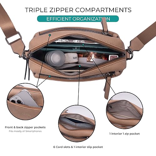 Alldaily Small Triple Zip Crossbody Purse for Women, Vegan Leather Phone Bag with Wide Shoulder Strap - color: Beige