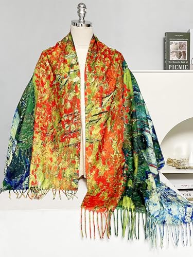 VENVSBEE Reversible Scarf Soft Large Shawl Wrap Blanket Double Sided Art Print Warm Pashmina Stoles Klimt Van Gogh Gifts - color: Art 17